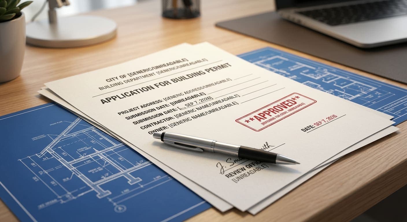 Alberta municipal building permit application and approved stamp for a home renovation project