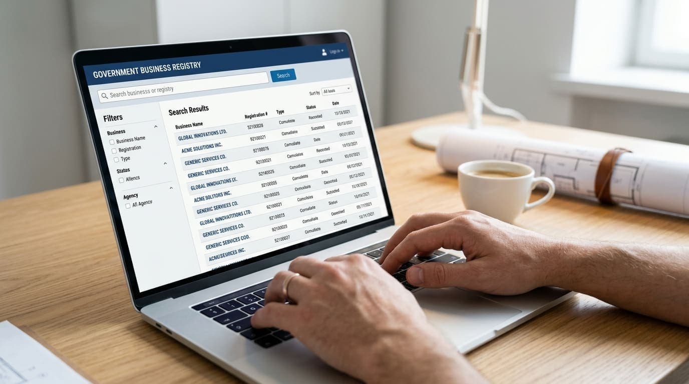 Alberta Corporate Registry search results showing a verified contractor business license