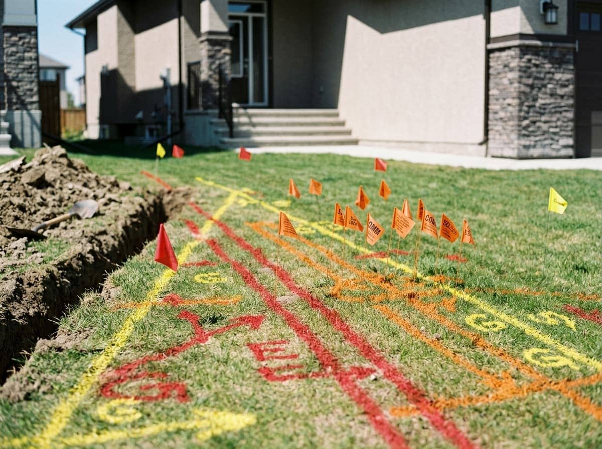 Alberta One-Call utility locate markings before excavation on a residential lot
