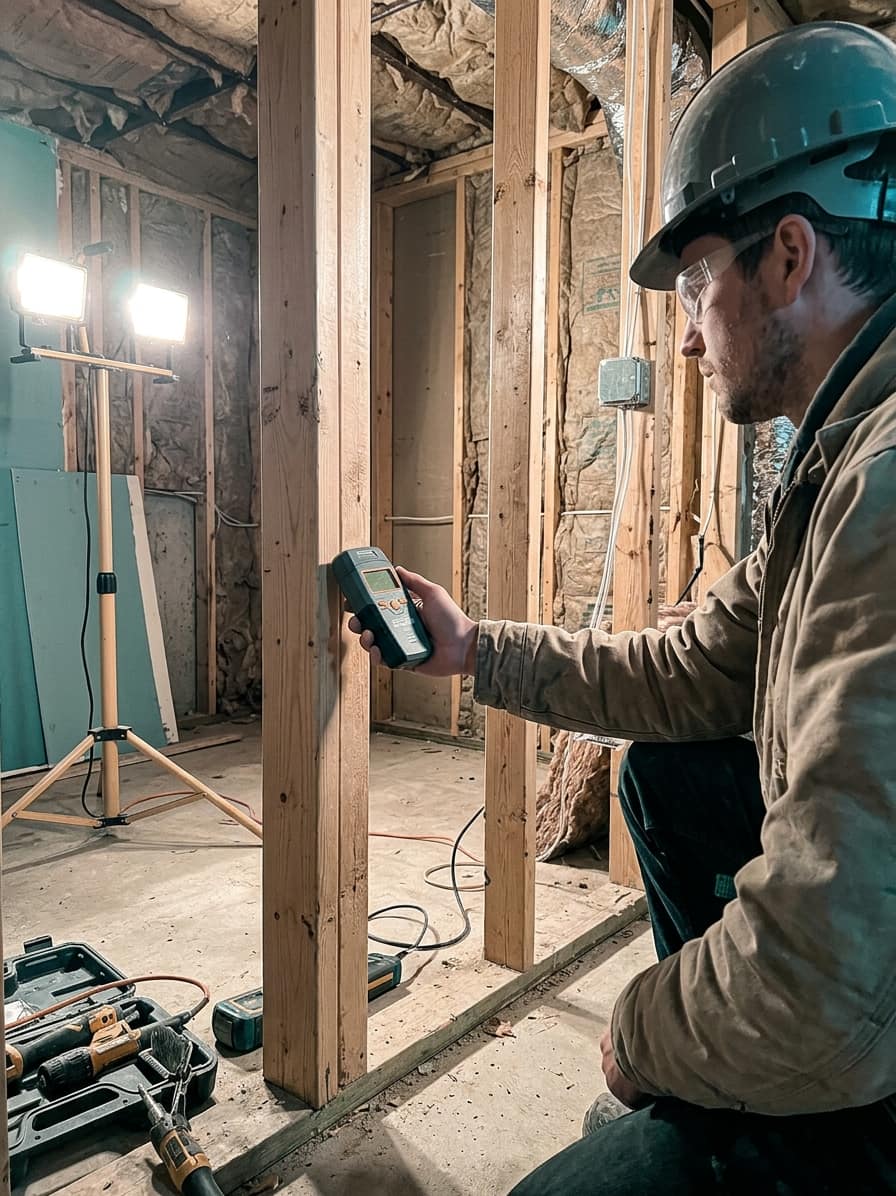 Contractor testing indoor air quality and moisture levels during an Alberta basement renovation