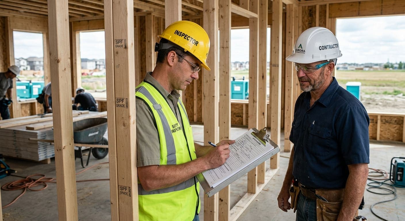 Municipal building inspector signing off a framing inspection on a Calgary-area renovation