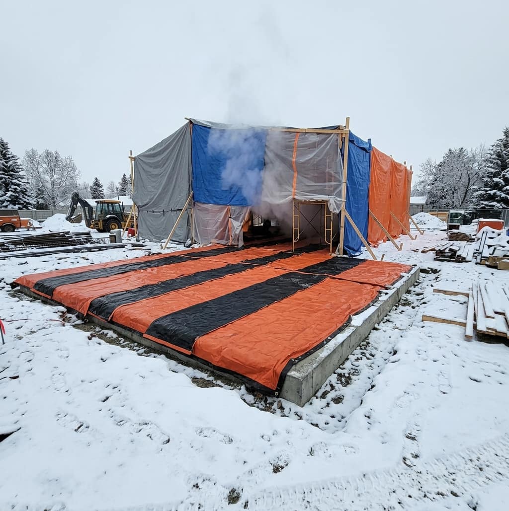 Cold weather concrete curing protection on an Alberta construction site