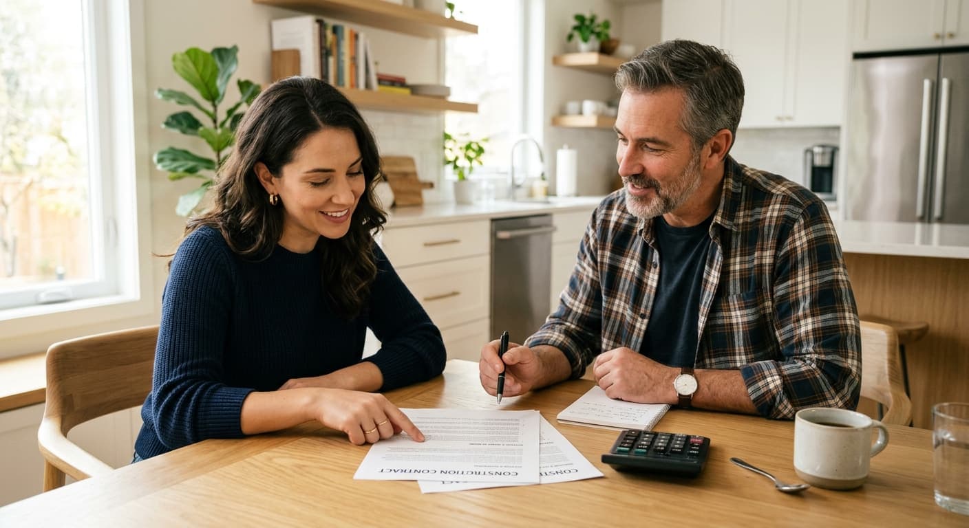 Homeowner and contractor reviewing a construction contract and payment schedule in Calgary