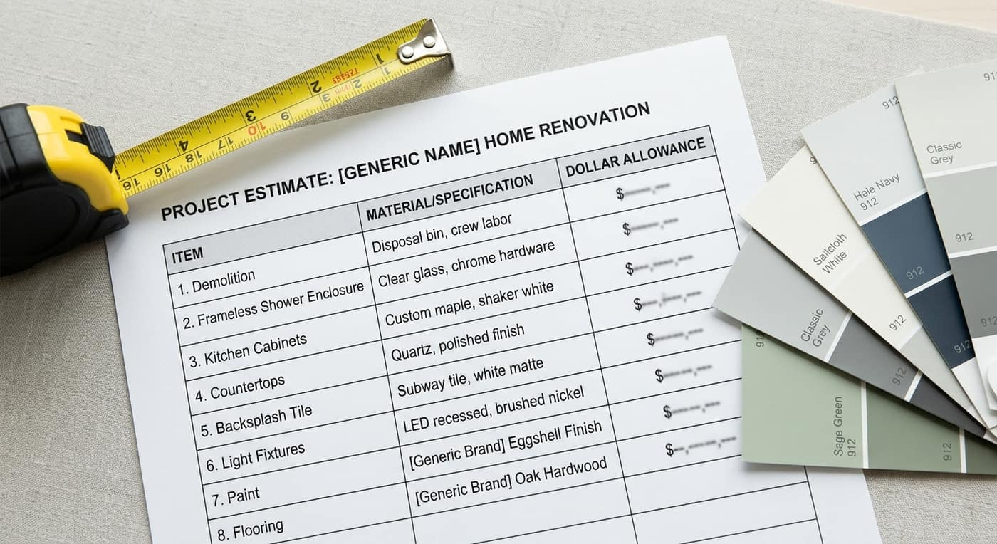 Itemized construction scope of work document with material allowances