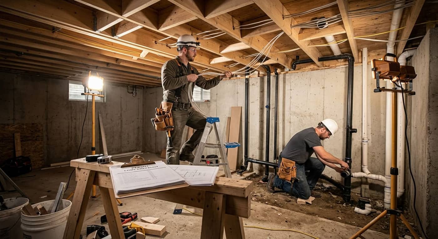 Licensed electrician and plumber working under permit on a basement development project