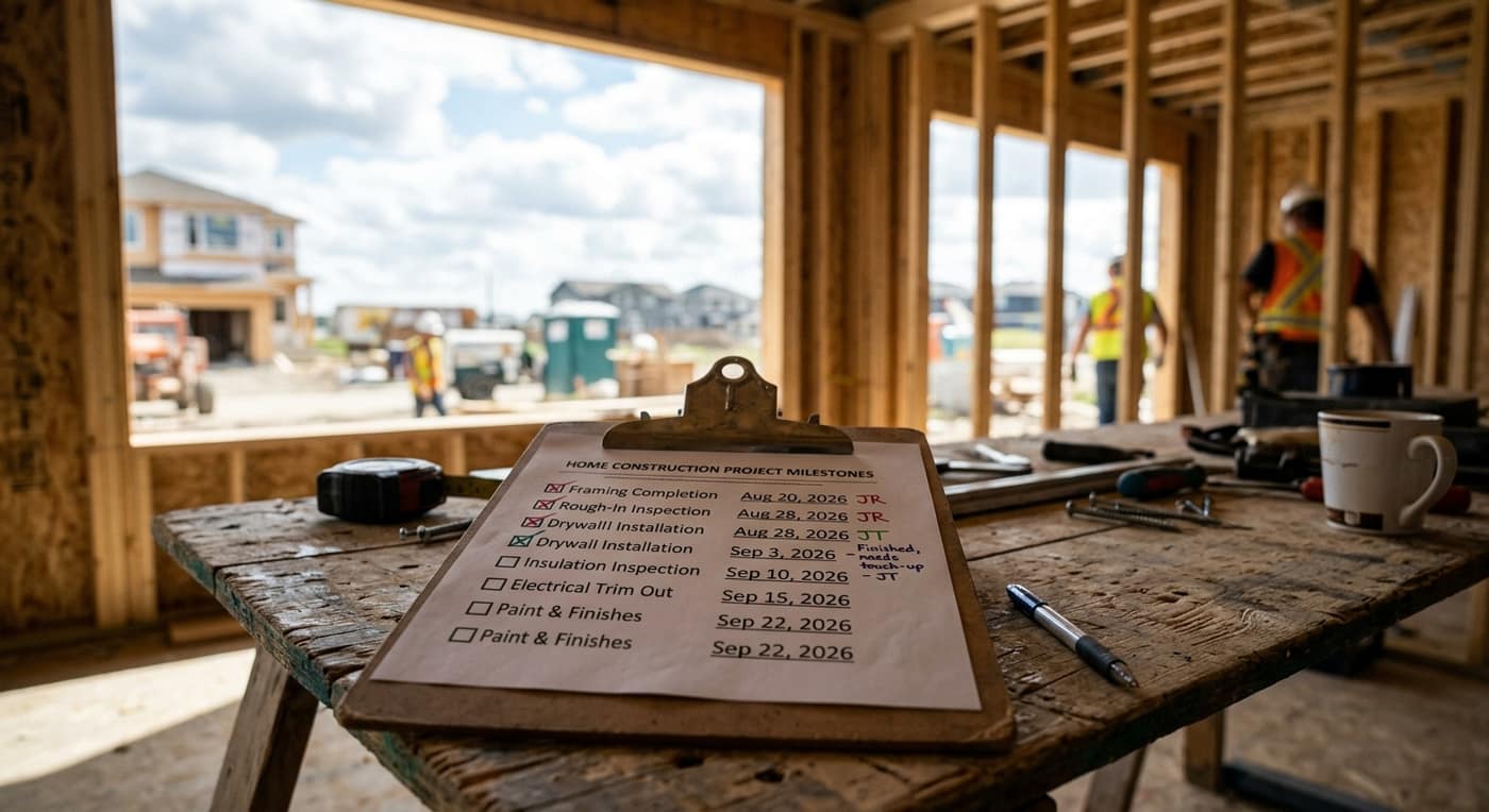 Milestone-based construction payment schedule document with completed stages checked off