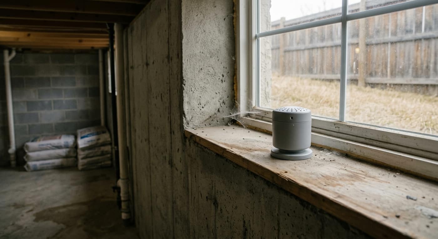 Radon test kit placed in an Alberta basement during a home renovation